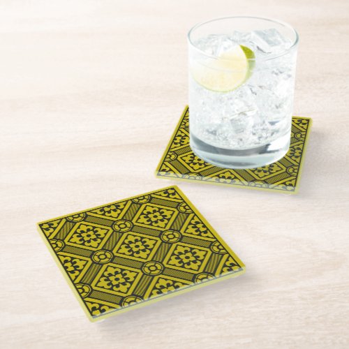 Medieval Yellow Black Lilies Romanesque Pattern Glass Coaster