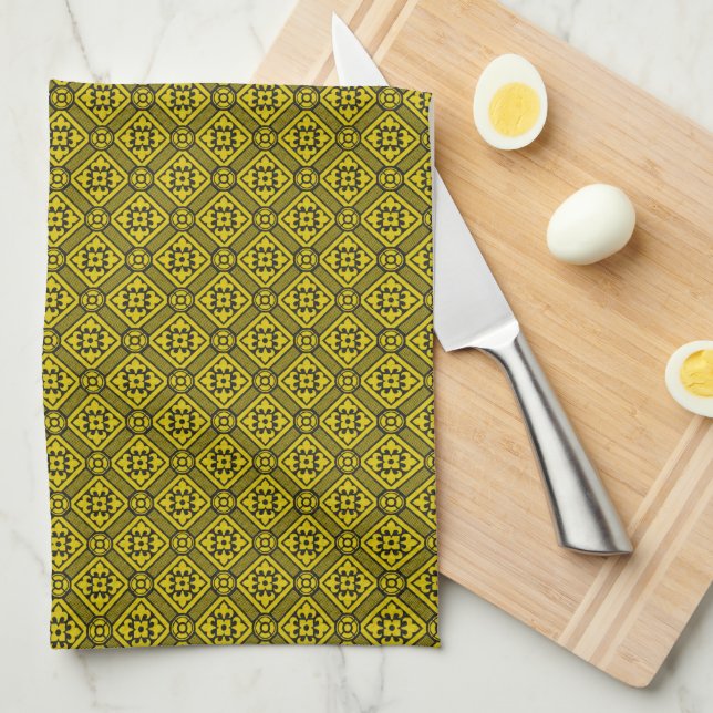 Medieval Yellow Black Lilies Romanesque Pattern Kitchen Towel (Quarter Fold)