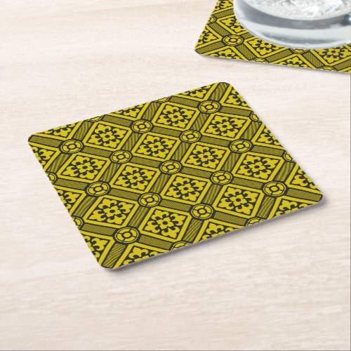 Medieval Yellow Black Lilies Romanesque Pattern Square Paper Coaster