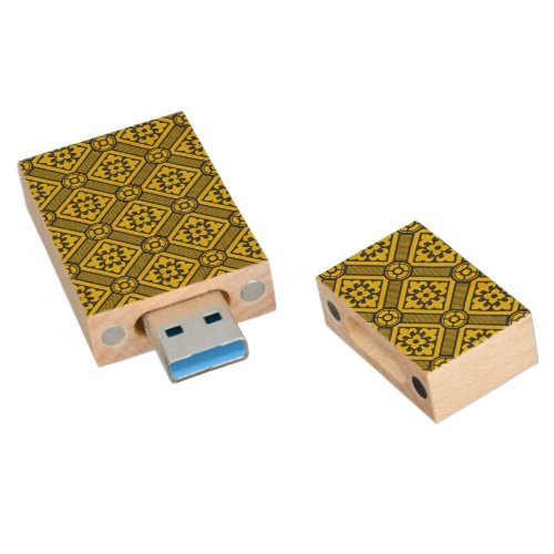 Medieval Yellow Black Lilies Romanesque Pattern Wood Flash Drive