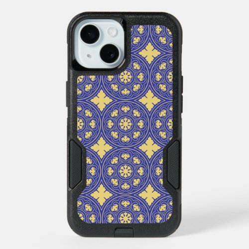 Medieval Yellow Blue Rosette Flower Pattern iPhone 15 Case
