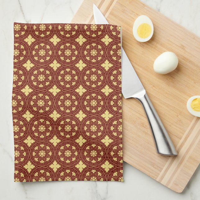 Medieval Yellow Dark Red Rosette Flower Pattern Kitchen Towel (Quarter Fold)