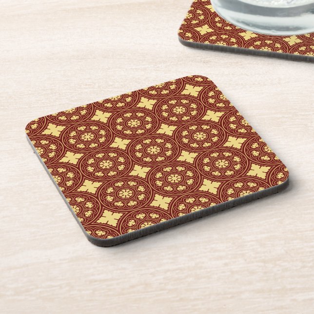 Medieval Yellow Red Rosette Flower Pattern Beverage Coaster (Left Side)