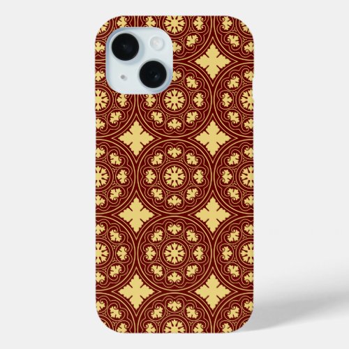 Medieval Yellow Red Rosette Flower Pattern iPhone 15 Case