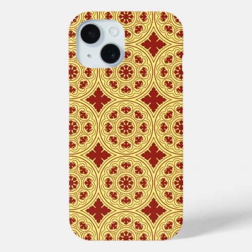 Medieval Yellow Red Rosette Flower Pattern iPhone 15 Case