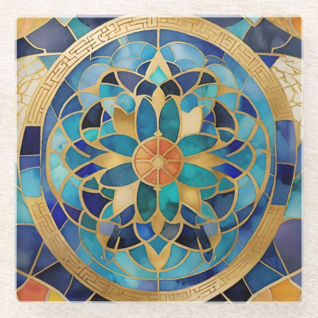 "Medina Maze: Moroccan-Inspired Geometric Design f Glass Coaster (Front)