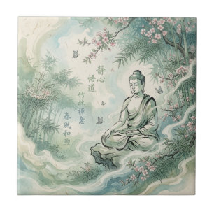 Meditating Buddha Bamboo Ink Art Ceramic Tile