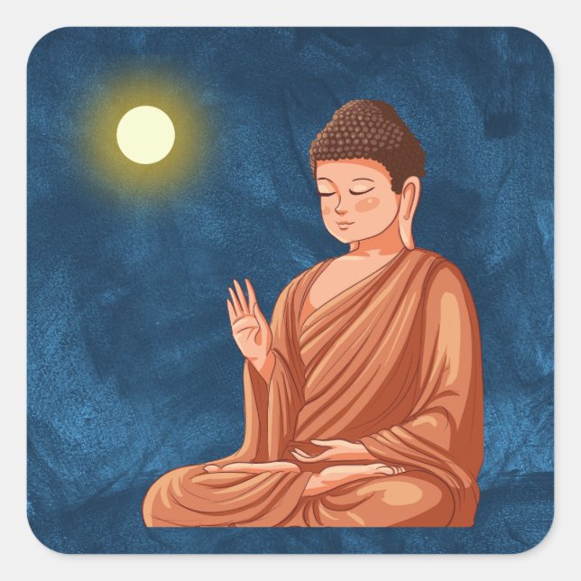 Meditating Buddha under Moon on Blue Abstract Square Sticker (Front)