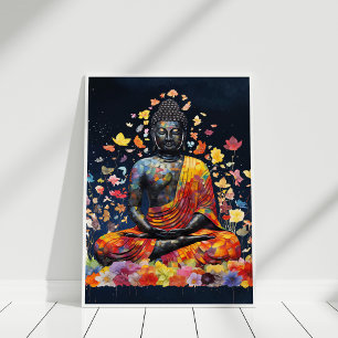 Meditating Buddha with Colorful Wildflowers Poster