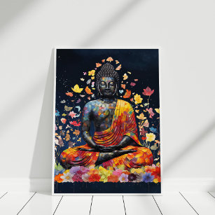 Meditating Buddha with Colorful Wildflowers Poster