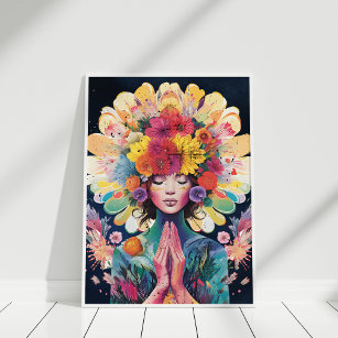 Meditating Girl Flowers Universe Poster