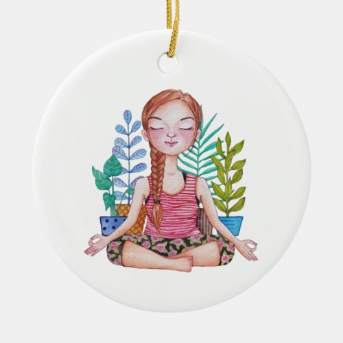 Meditating Girl With  Plants Ceramic Ornament