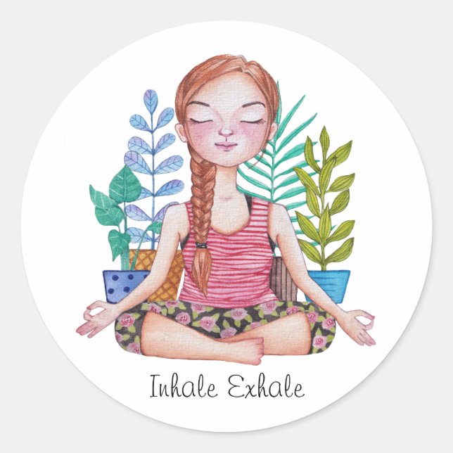 Meditating Girl With Plants Classic Round Sticker (Front)