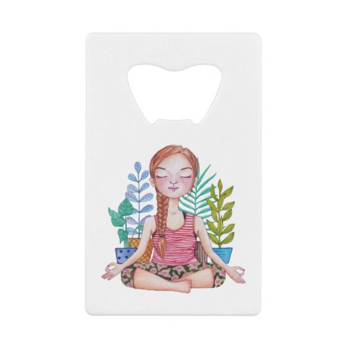 Meditating Girl With Plants Credit Card Bottle Opener