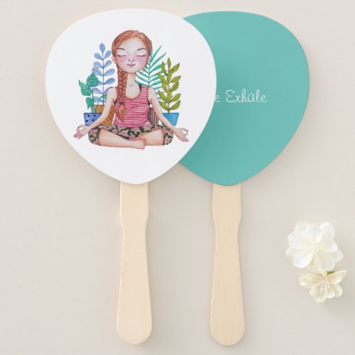 Meditating Girl With Plants Hand Fan