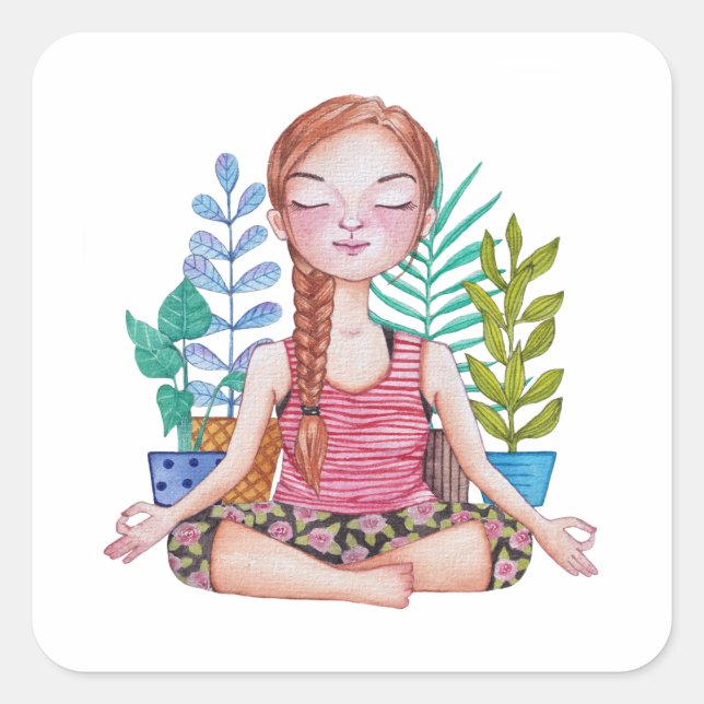 Meditating Girl With Plants Square Sticker (Front)