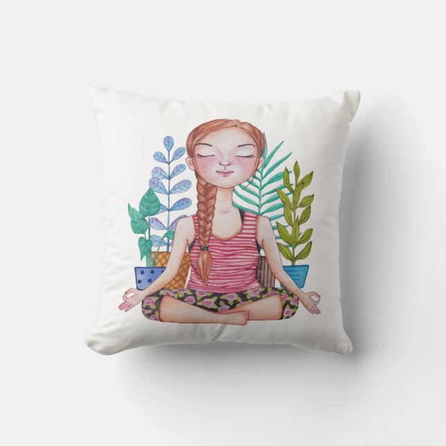 Meditating Girl With Plants Throw Pillow (Front)