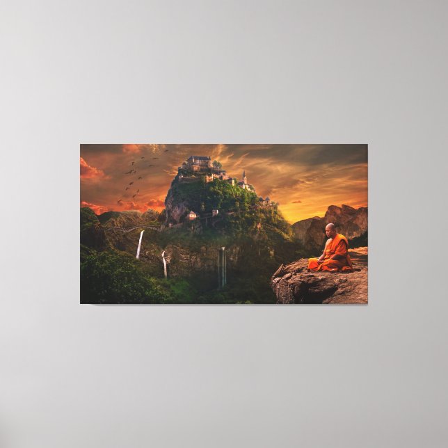 Meditating Monk at Sunset Fantasy Landscape Canvas Print (Front)