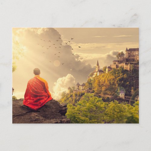 Meditating Monk Before Large Temple Postcard