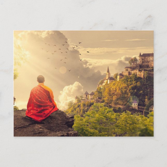 Meditating Monk Before Large Temple Postcard (Front)