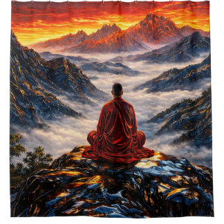 Meditating Monk in Mountain Sunset Shower Curtain