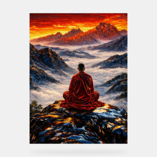 Meditating Monk on Mountain at Sunset Acrylic Sign