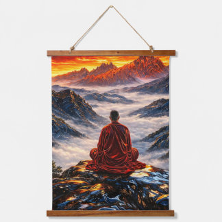 Meditating Monk on Mountain at Sunset Hanging Tapestry