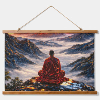 Meditating Monk on Mountain at Sunset Hanging Tapestry