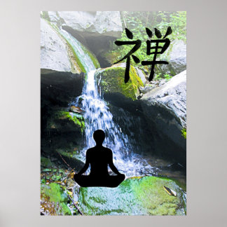 Meditating Silhouette by Waterfall Poster