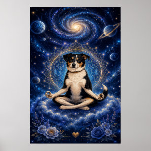 Meditating Tricolor Dog Cosmic Zen Yoga Mandala Po Poster