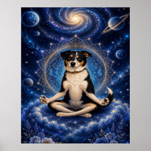Meditating Tricolor Dog Cosmic Zen Yoga Mandala Po Poster