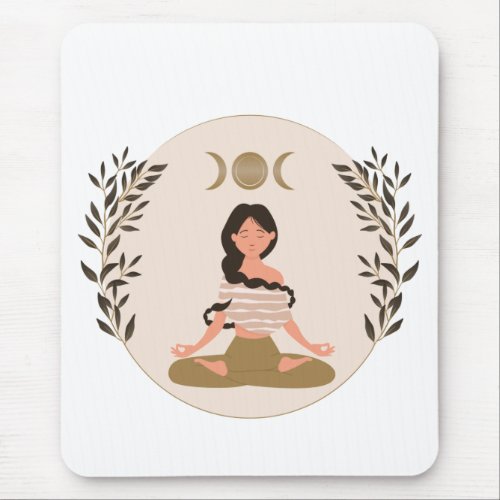 Meditating woman moon phases leaf  boho classic  mouse pad