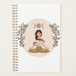 Meditating woman moon phases leaf boho classic planner<br><div class="desc">A round framed design with a triple moon / moon phases and leaf motif. Brown haired woman with a braid is meditating and flying.</div>