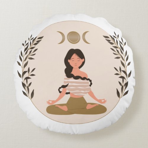 Meditating woman moon phases leaf  boho classic  round pillow