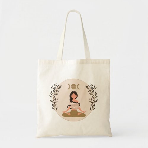 Meditating woman moon phases leaf  boho classic  tote bag