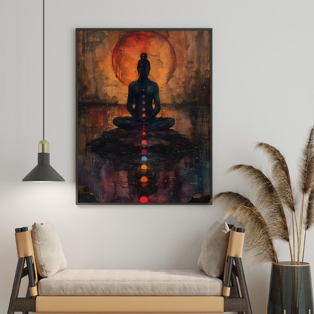 Meditating Woman Sunset Sea Painting Poster (Meditating Woman Sunset Sea Painting Poster on a boho living room.)