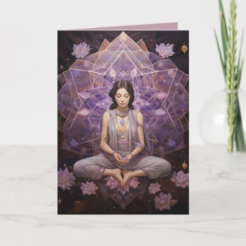Meditating Yoga Crystals Amethyst Lotus Birthday Card