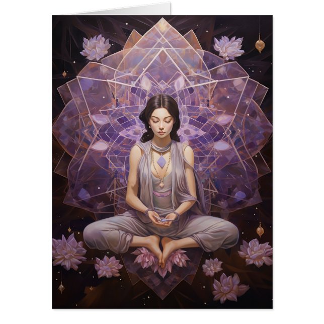Meditating Yoga Crystals Amethyst Lotus Birthday Card (Front)
