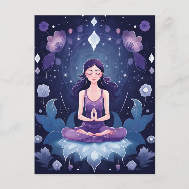 Meditating Yoga Girl, Crystal Dreamy Purple Lotus Postcard (Front)