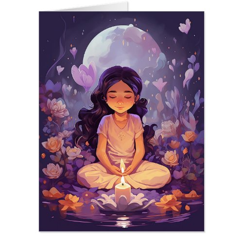 Meditating Yoga Girl Crystal Purple Lotus Birthday Card