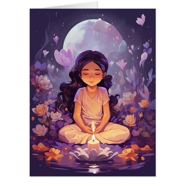 Meditating Yoga Girl Crystal Purple Lotus Birthday Card (Front)