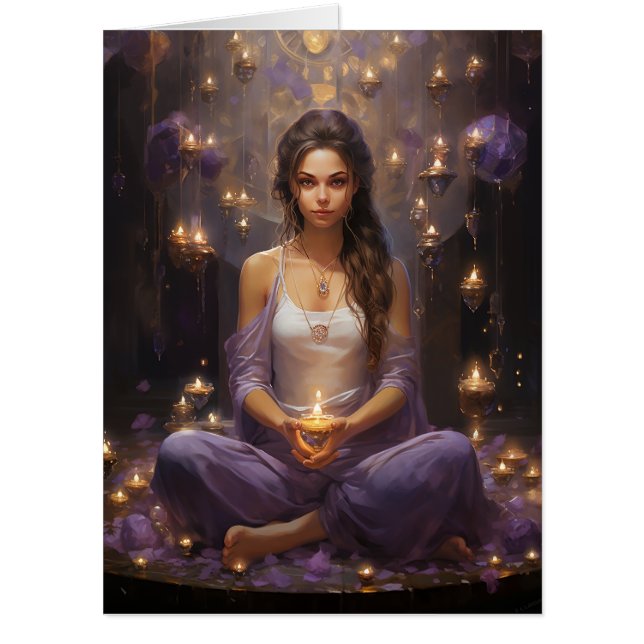 Meditating Yoga Girl, Crystals Amethyst Birthday Card (Front)