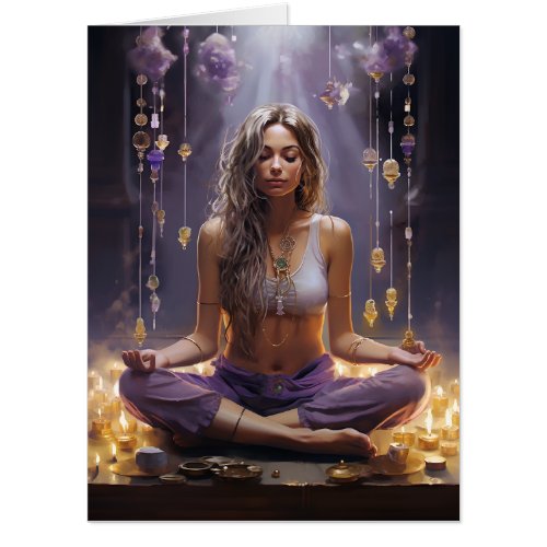 Meditating Yoga Girl Crystals Amethyst Birthday Card