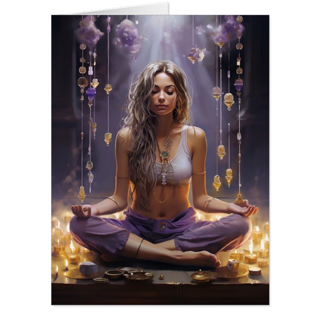 Meditating Yoga Girl, Crystals Amethyst Birthday Card (Front)