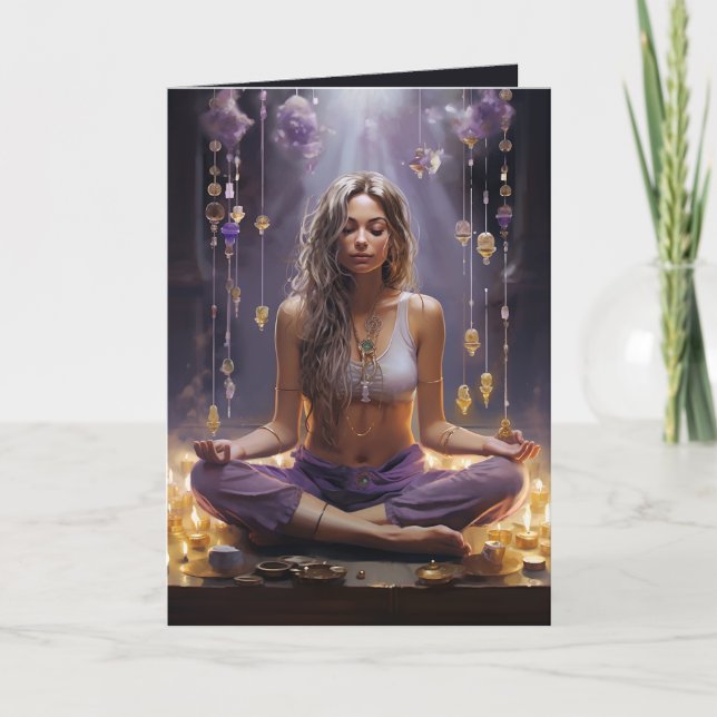 Meditating Yoga Girl, Crystals Amethyst Birthday Card (Front)
