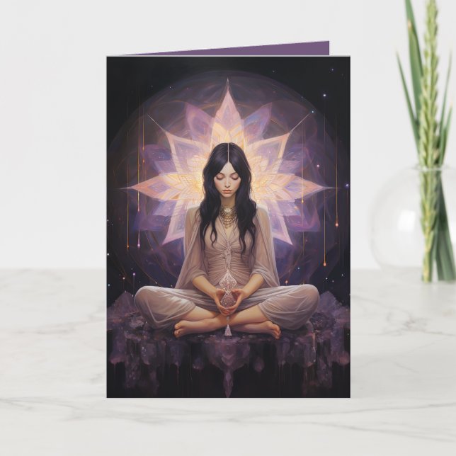  Meditating Yoga Girl, Crystals Amethyst Birthday Card (Front)