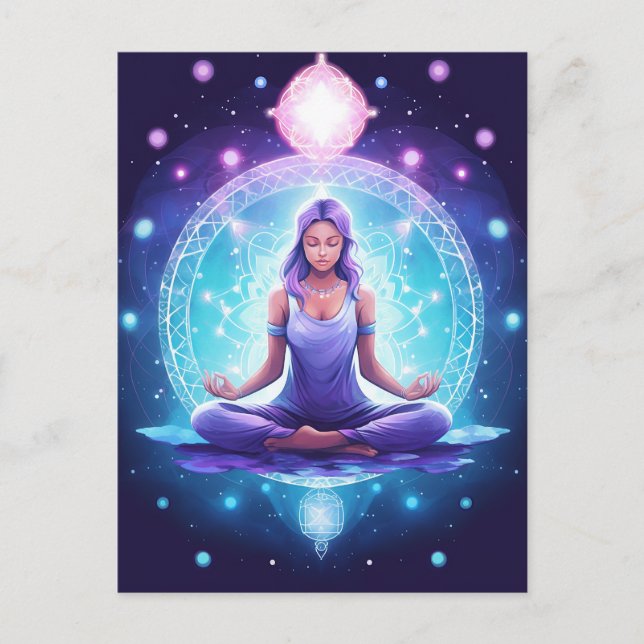 Meditating Yoga Girl, Crystals Amethyst Lotus Postcard (Front)