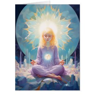 Meditating Yoga Girl Crystals Blue Purple Birthday Card