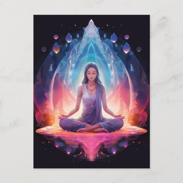 Meditating Yoga Girl, Crystals Vibrant Colors Postcard (Front)