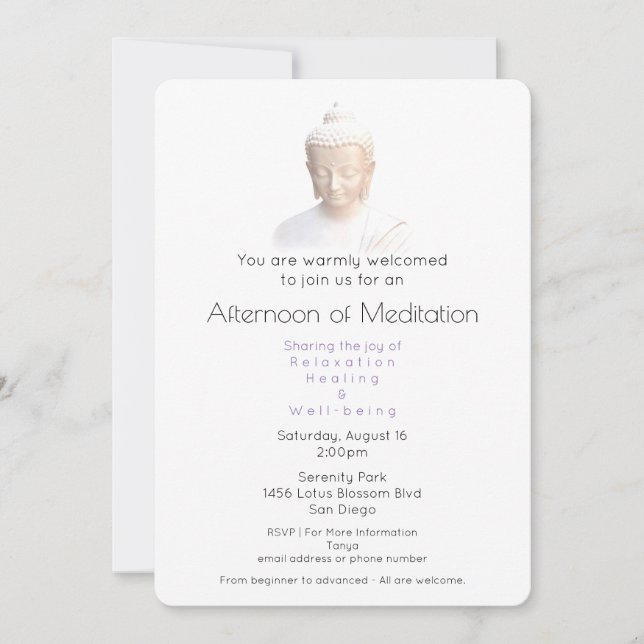 Meditation Get Together Serene Buddha In White Invitation (Front)